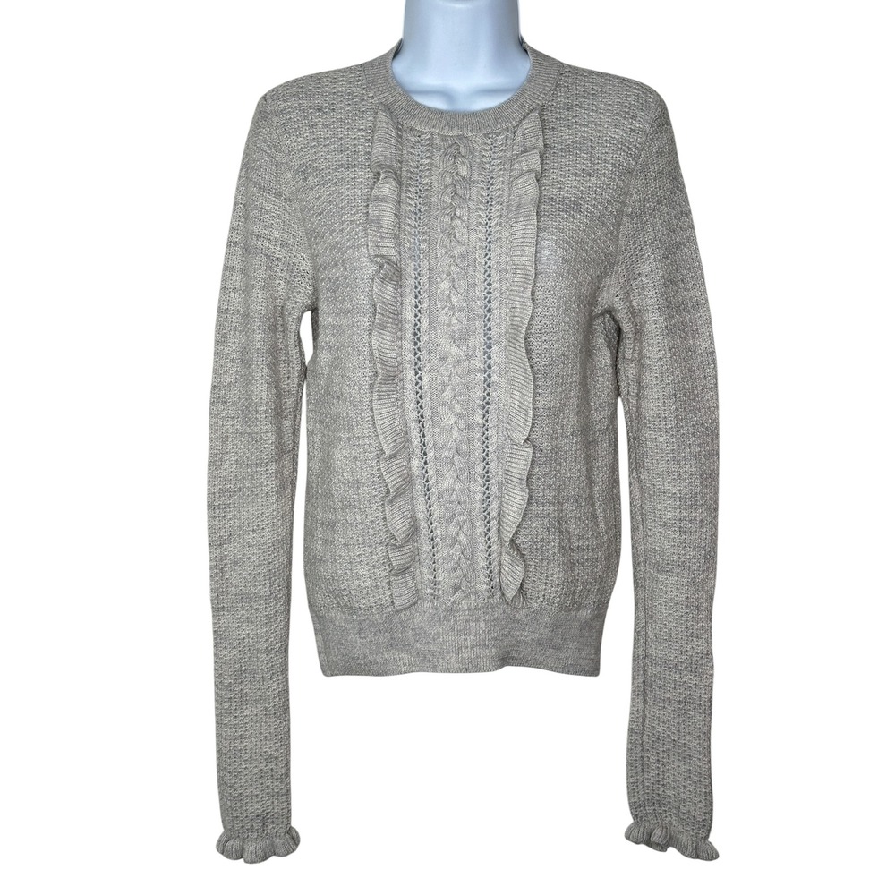 Club Monaco Lovelle Sweater Small Grey Merino Wool Ruffle Cable Knit Pullover - Picture 4 of 10